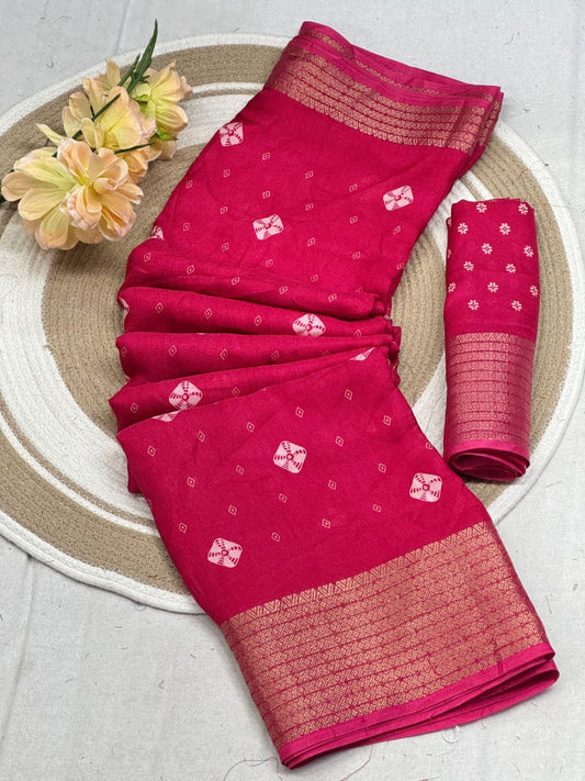 Marshmallow Silk Bandhni Print Saree with Jacquard Zari Border and Contrast Blouse