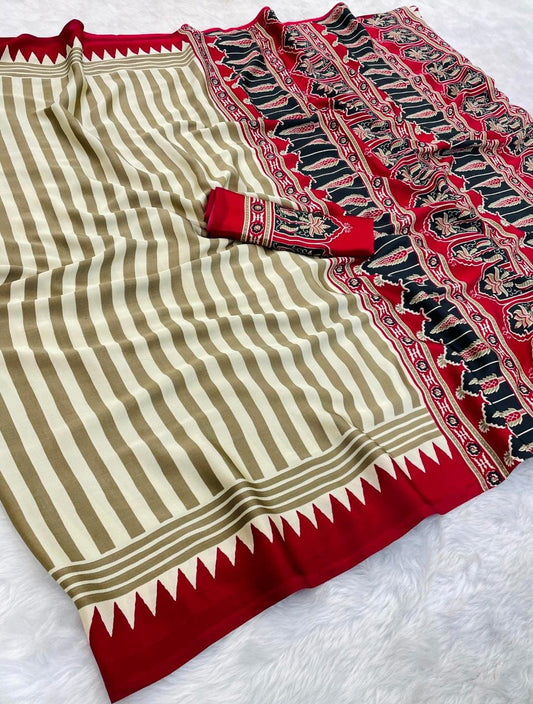 Crape Silk Beautiful Gajji Silk Bollywood Saree with Printed Pallu & Contrast Blouse