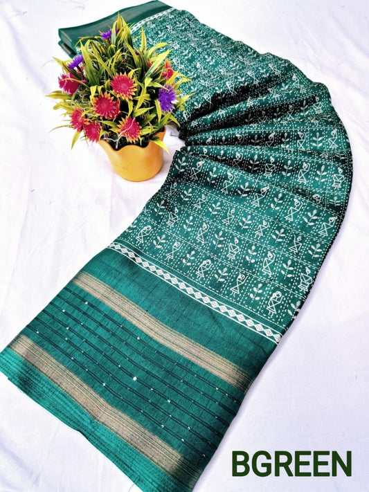 Dola Sequnce Jequard Border Digital Warli Printed Beautiful Art Work Saree