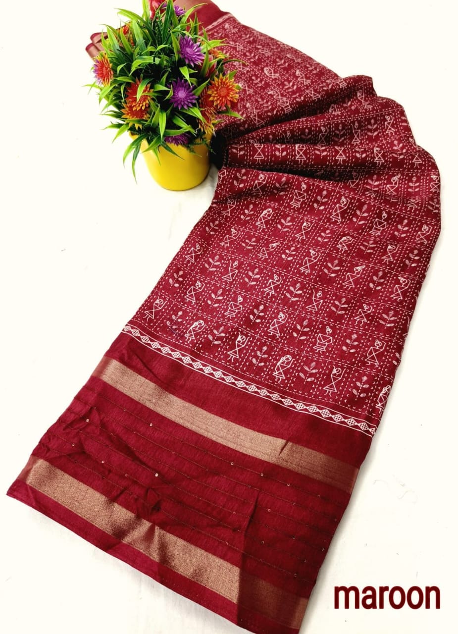 Dola Sequnce Jequard Border Digital Warli Printed Beautiful Art Work Saree
