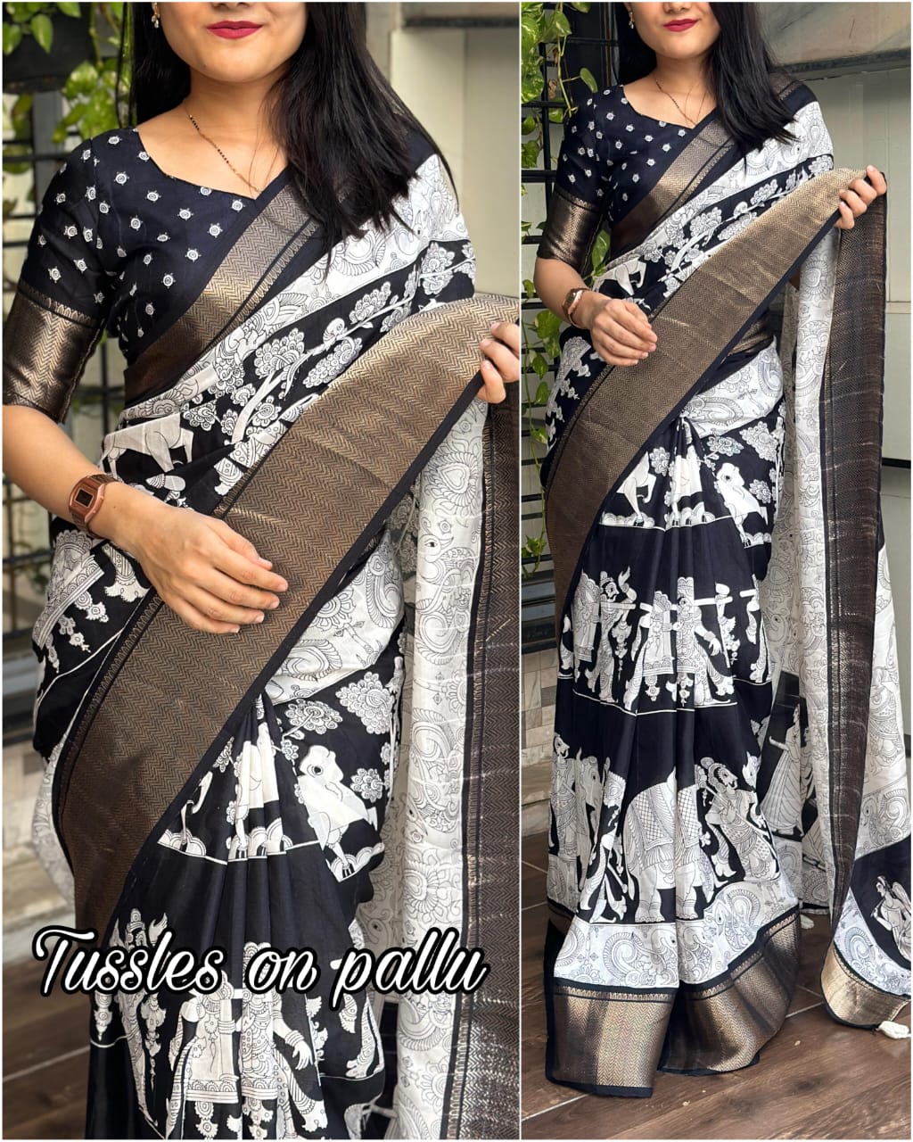 Jalpari Dola Kalamkari Printed Jacquard Border Beautiful Colors Art Work Saree