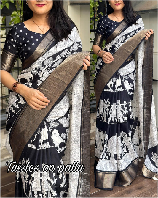 Jalpari Dola Kalamkari Printed Jacquard Border Beautiful Colors Art Work Saree