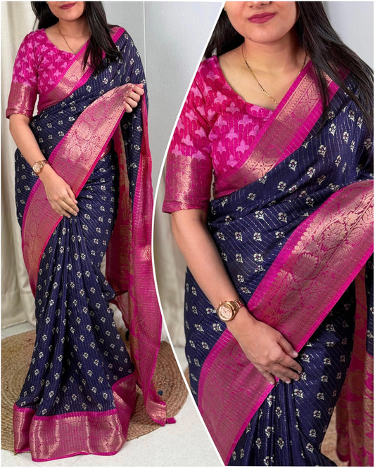DOLA SILK SPARKLE ZARI FLOWER PRINT WITH JACQUARD BODAR FANCY BLOUSE