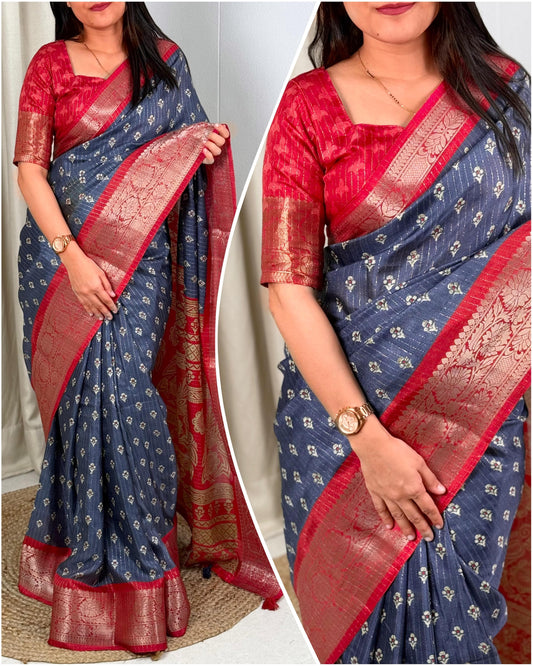 DOLA SILK SPARKLE ZARI FLOWER PRINT WITH JACQUARD BODAR FANCY BLOUSE