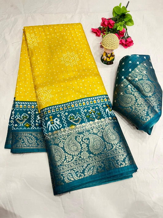 Dola Jequard Border Warli Digital printed saree with Bandhani printed beautiful Art Work With Blouse