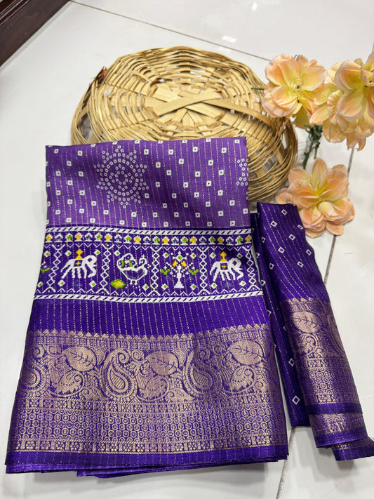 DOLA SILK SPARKLE ZARI BANDHNI PATOLA PRINT JAQURD BODAR