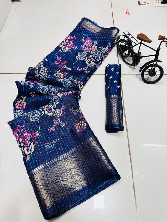 DIGITAL PARINT DOLA SILK SPARKLE ZARI FLOWER PRINT JAQURD BODAR