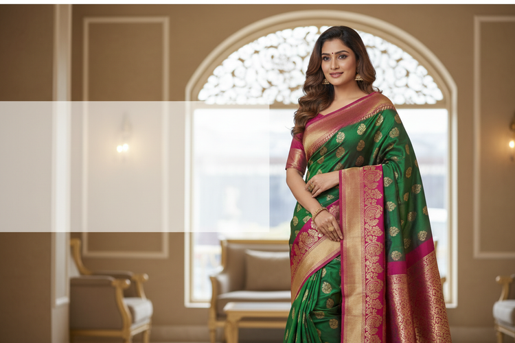 make banner for shop dola silk saree with a model