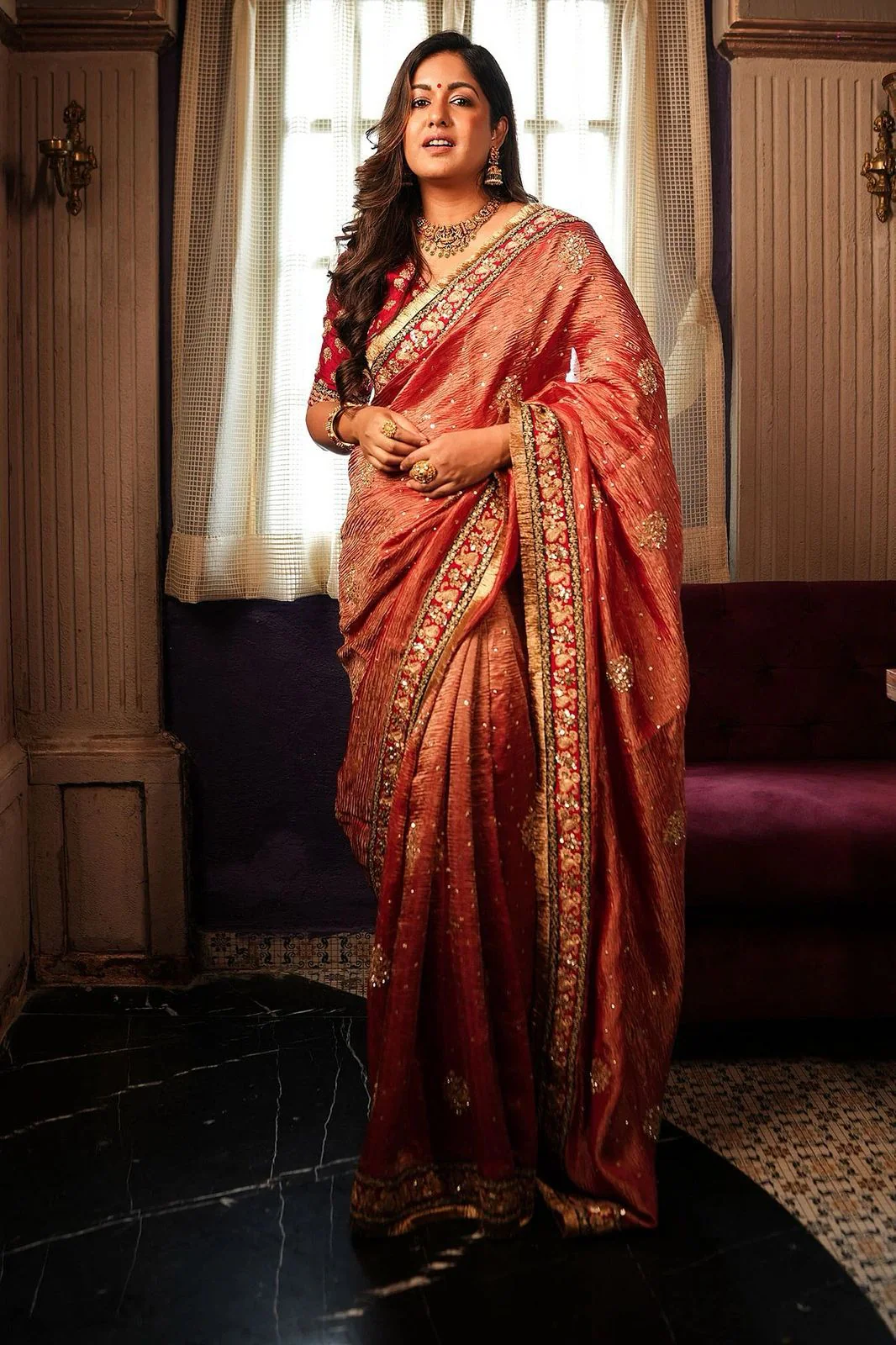 Banarasi Crush Saree with Hari Thread Embroidery Butta, Sequin Detailing & Zari Dori Lace Border